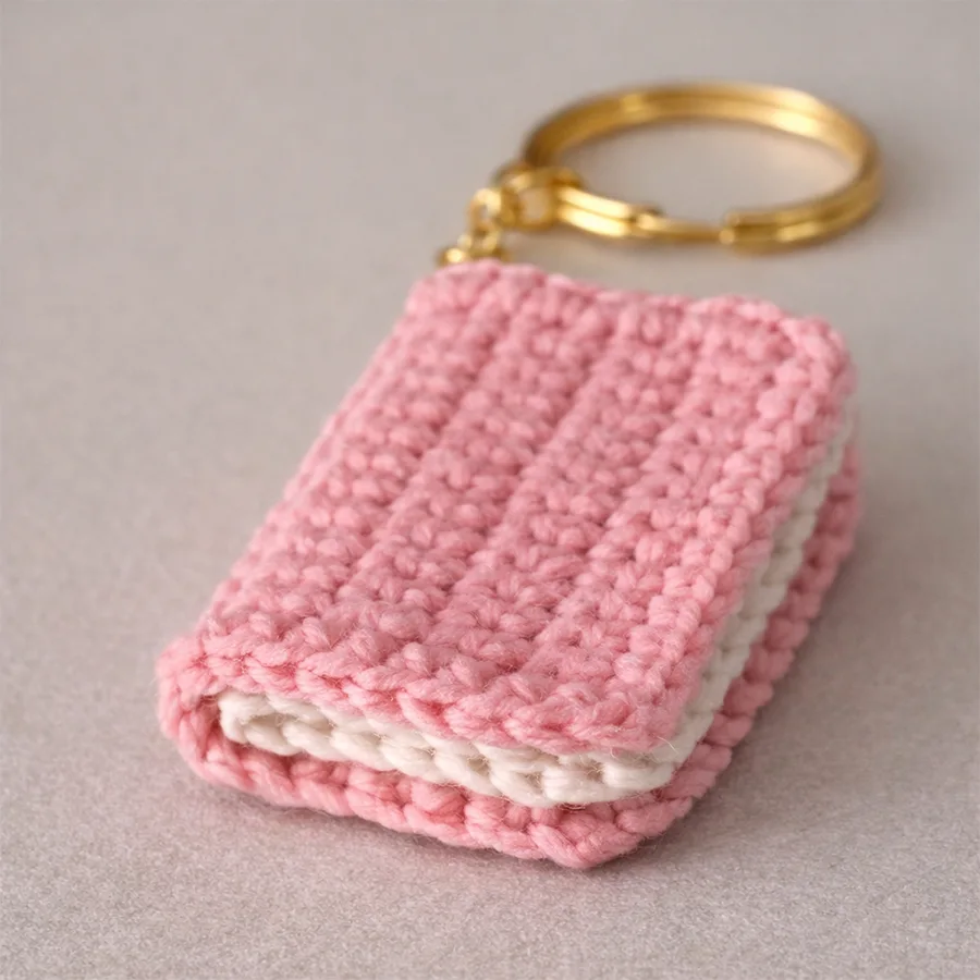 Pink crochet book keychain close up showing textured stitches and white yarn pages