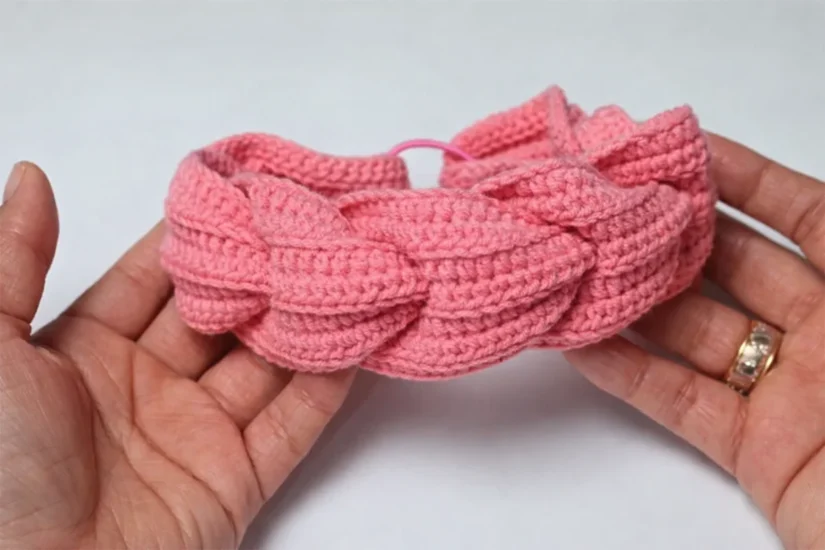 Crochet braided headband finished pink handmade beginner friendly pattern