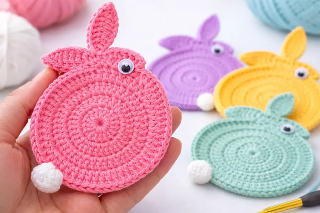 Colorful crochet bunny coaster set finished project cute handmade coaster idea
