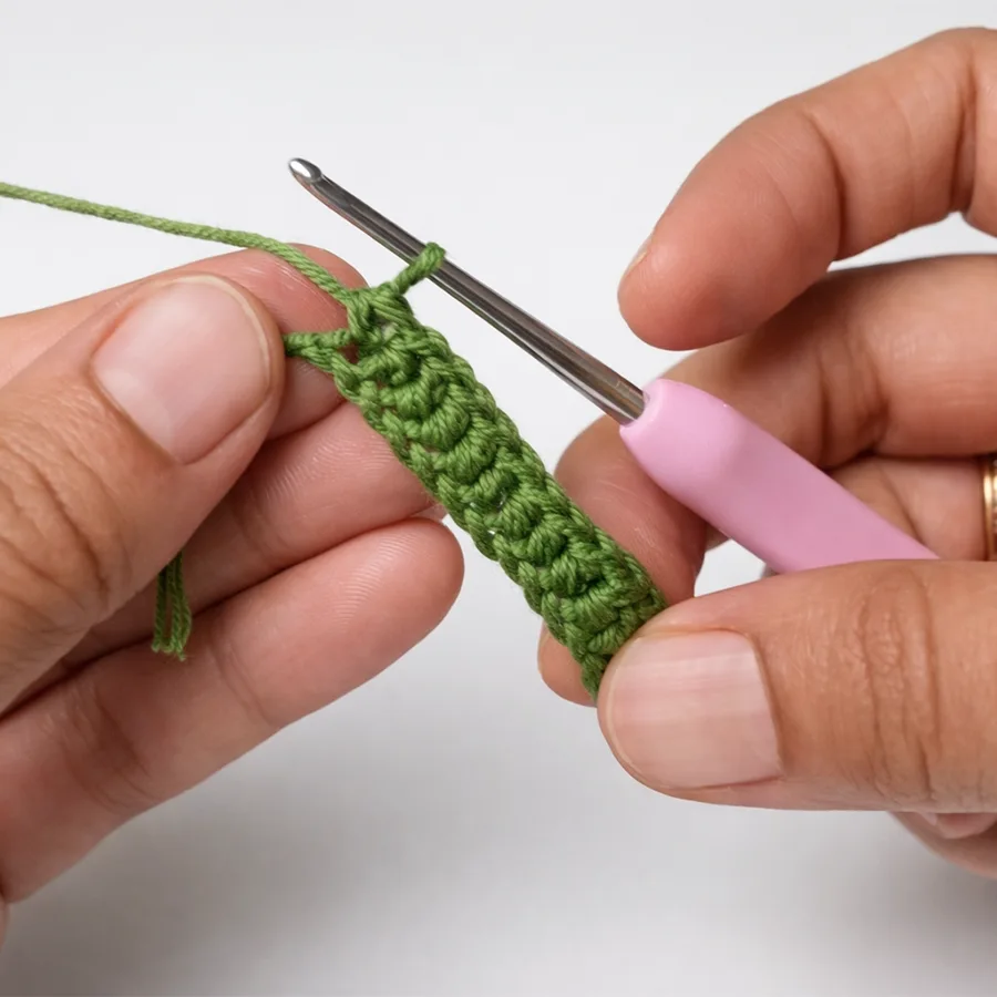 Close-up of hands making a crochet chain foundation using green yarn and a 2.5 mm hook.