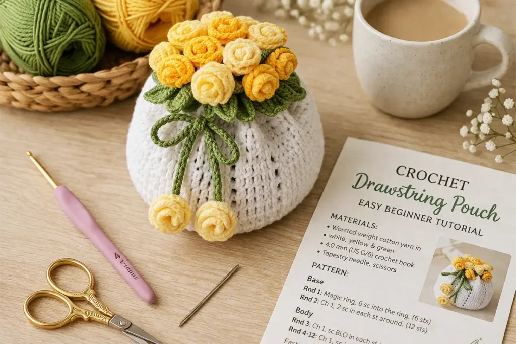 crochet drawstring pouch beginner workspace with yarn hook and tools