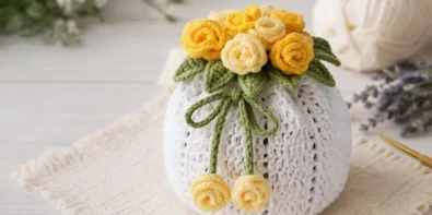 crochet drawstring pouch with roses finished handmade project for beginners