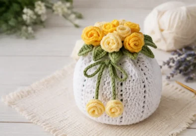 crochet drawstring pouch with roses finished handmade project for beginners