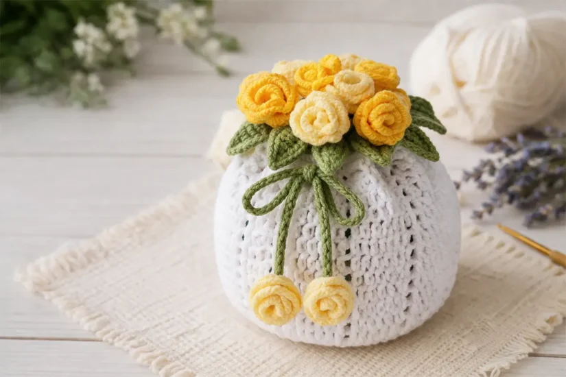 crochet drawstring pouch with roses finished handmade project for beginners