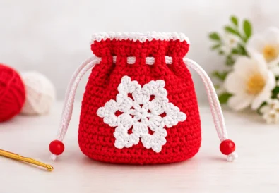 Easy crochet drawstring pouch tutorial for beginners made with cotton yarn and simple stitches