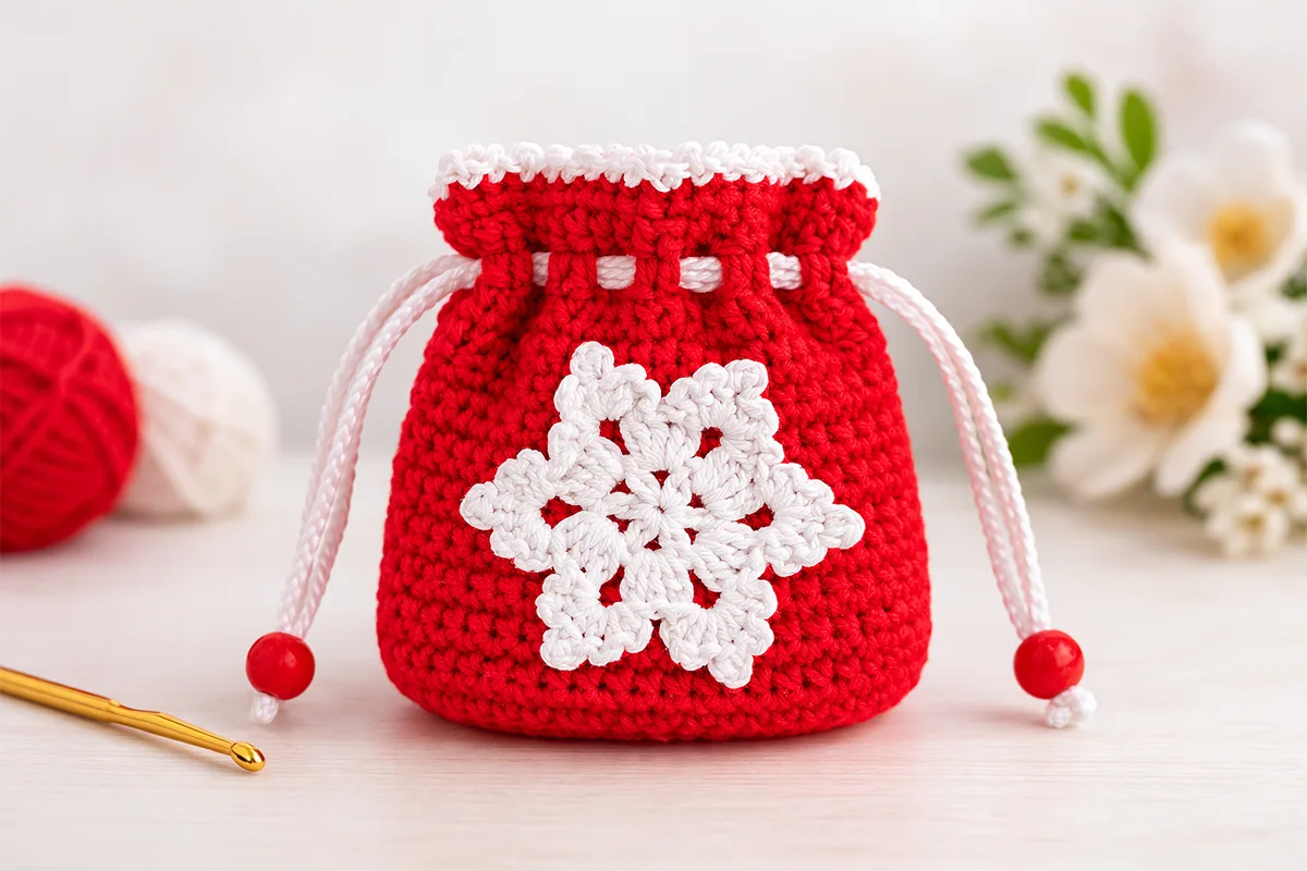 Easy crochet drawstring pouch tutorial for beginners made with cotton yarn and simple stitches