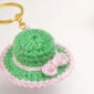 Easy crochet hat keychain made with green and pink cotton yarn
