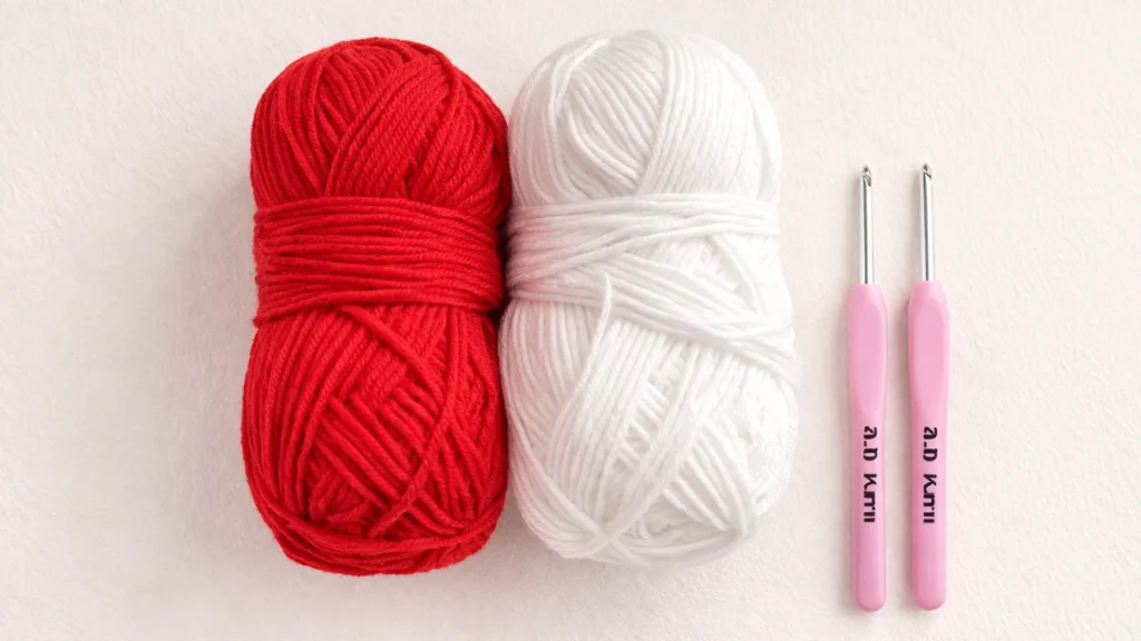 Red and white yarn with crochet hooks used to make a crochet mini gift bag