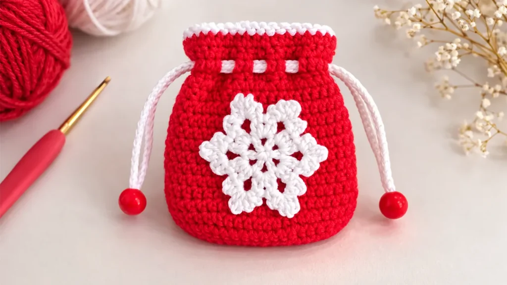 Crochet mini gift bag with snowflake motif made using red and white yarn.