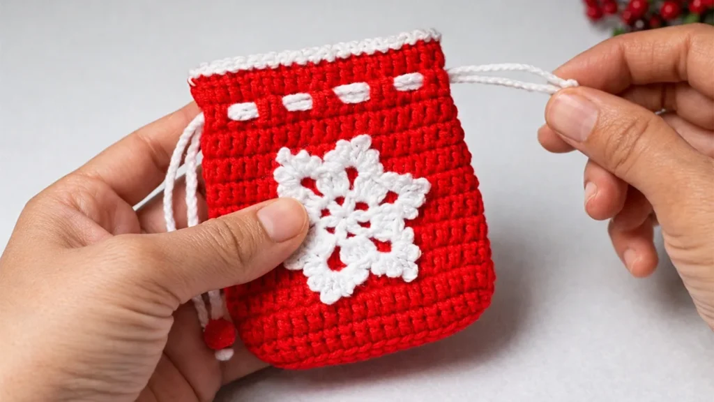 handmade crochet mini gift bag with snowflake motif