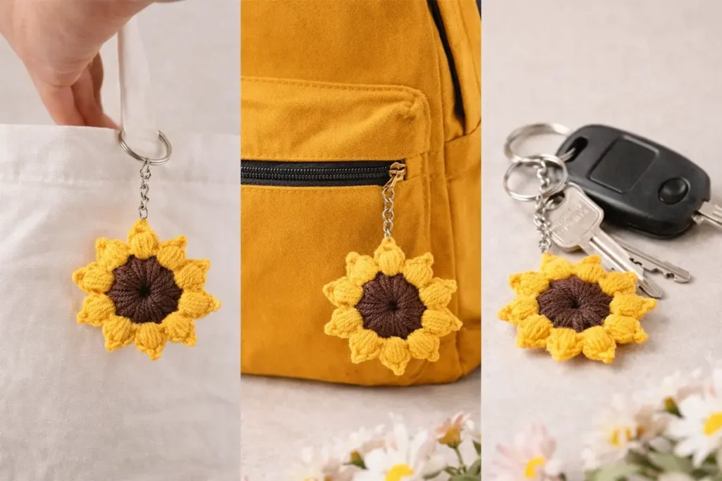 crochet sunflower keychain attached to bag and keys showing how to use this beginner crochet project