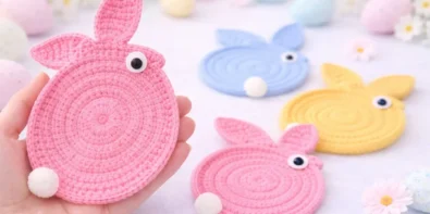Easy crochet bunny coaster free pattern – pastel handmade bunny coaster tutorial for beginners