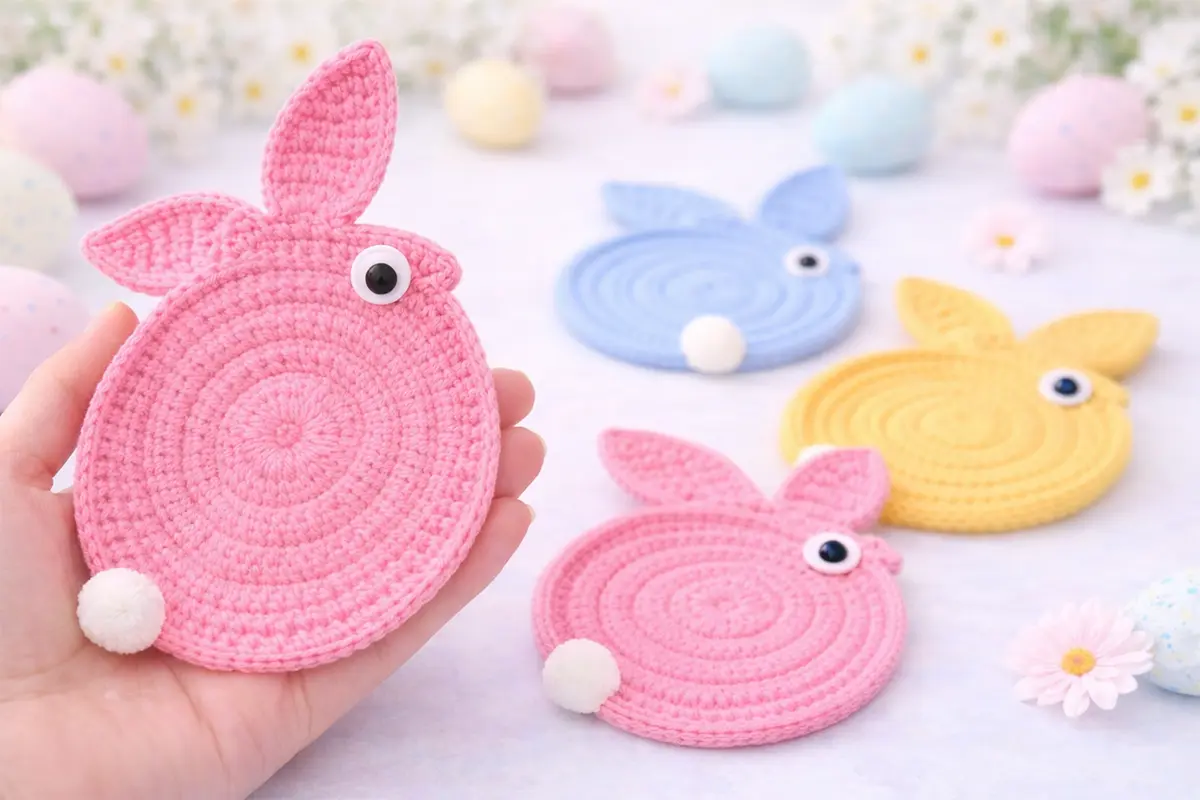 Easy crochet bunny coaster free pattern – pastel handmade bunny coaster tutorial for beginners