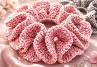 easy crochet scrunchie pattern for beginners made with pink sparkly yarn and ruffled texture