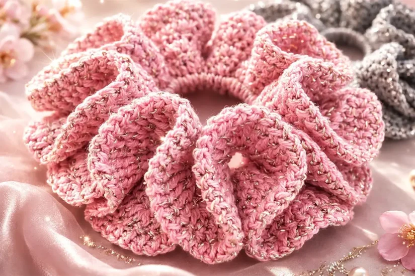easy crochet scrunchie pattern for beginners made with pink sparkly yarn and ruffled texture