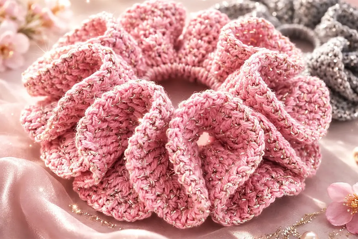 easy crochet scrunchie pattern for beginners made with pink sparkly yarn and ruffled texture
