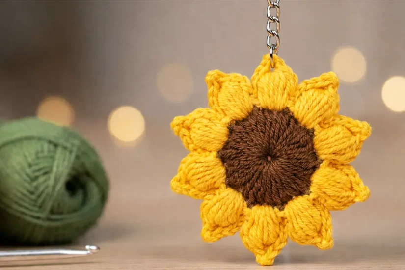 easy crochet sunflower keychain pattern with puff stitch petals and brown center for beginners