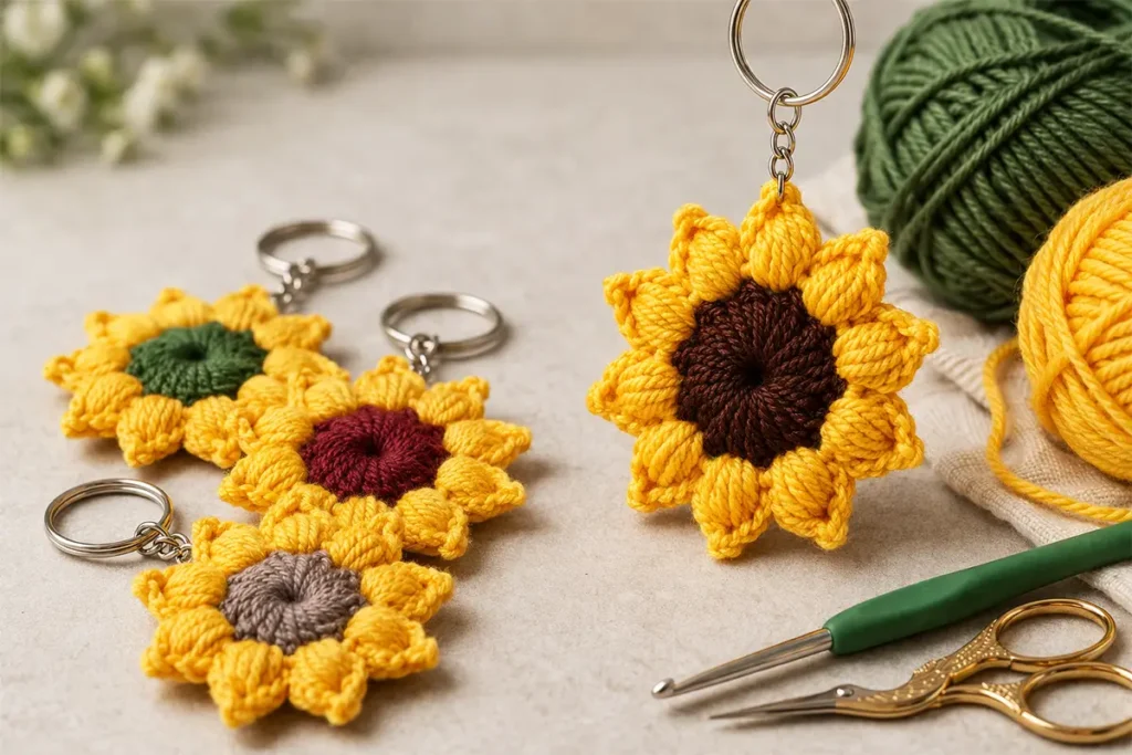 Easy crochet sunflower keychain tutorial setup with yarn, hook, and multiple finished keychains for beginners