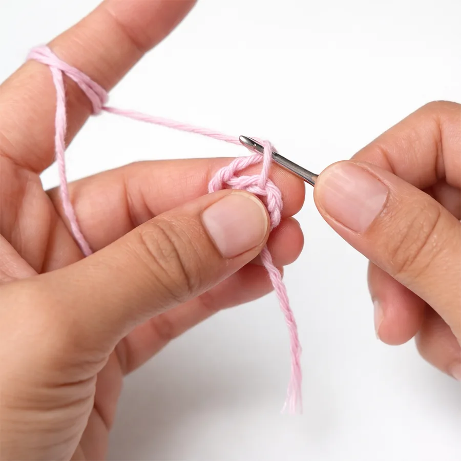 making a magic ring to start a crochet tulip keychain using pink yarn and crochet hook