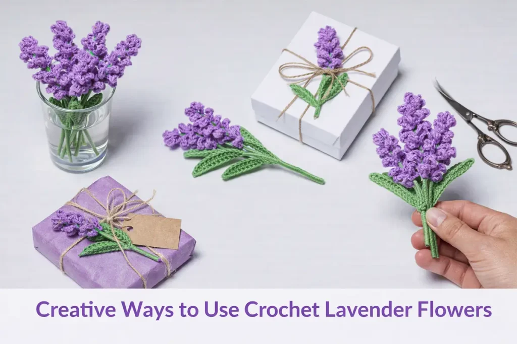 Crochet lavender flowers displayed in a decorative vase as handmade home decor