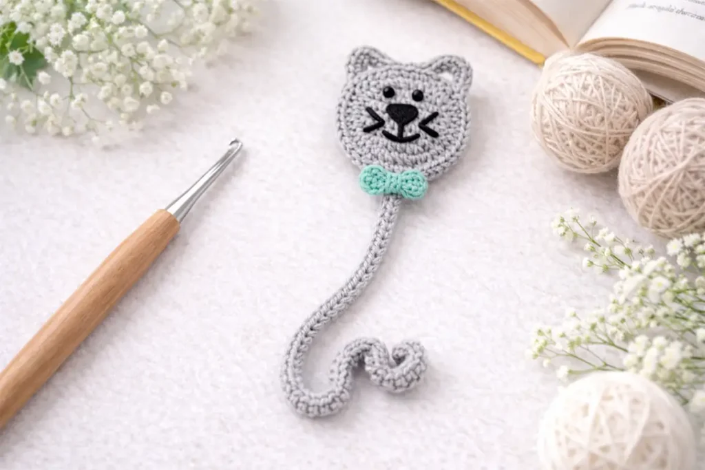 gray crochet cat bookmark with curly tail and green bow, beginner friendly crochet bookmark tutorial close up