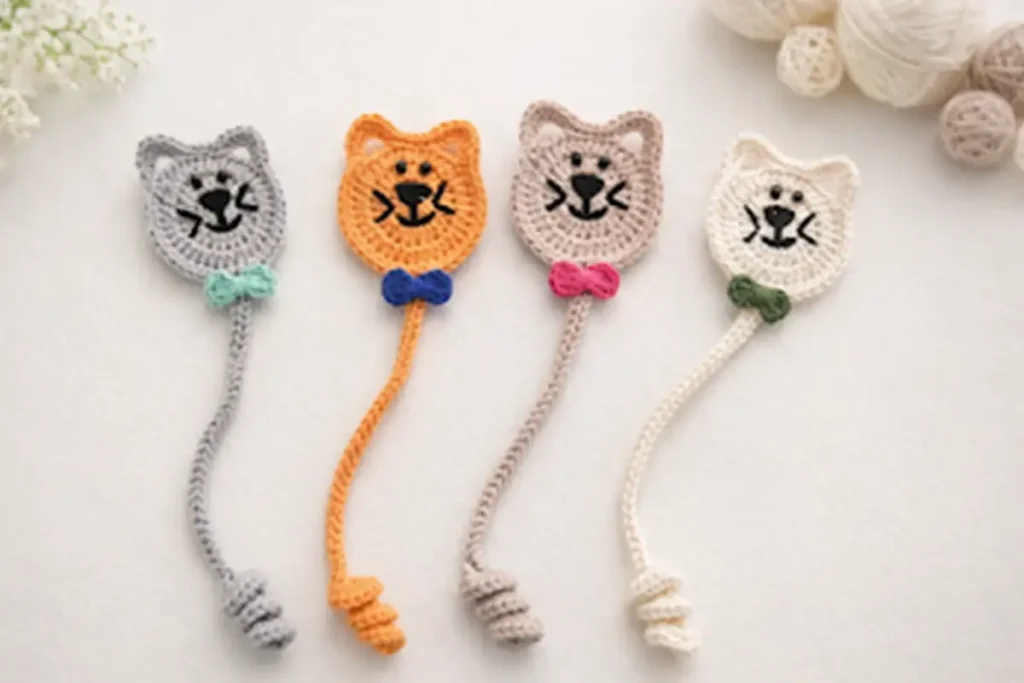 crochet cat bookmark collection with curly tails in different colors, handmade beginner friendly crochet gift ideas
