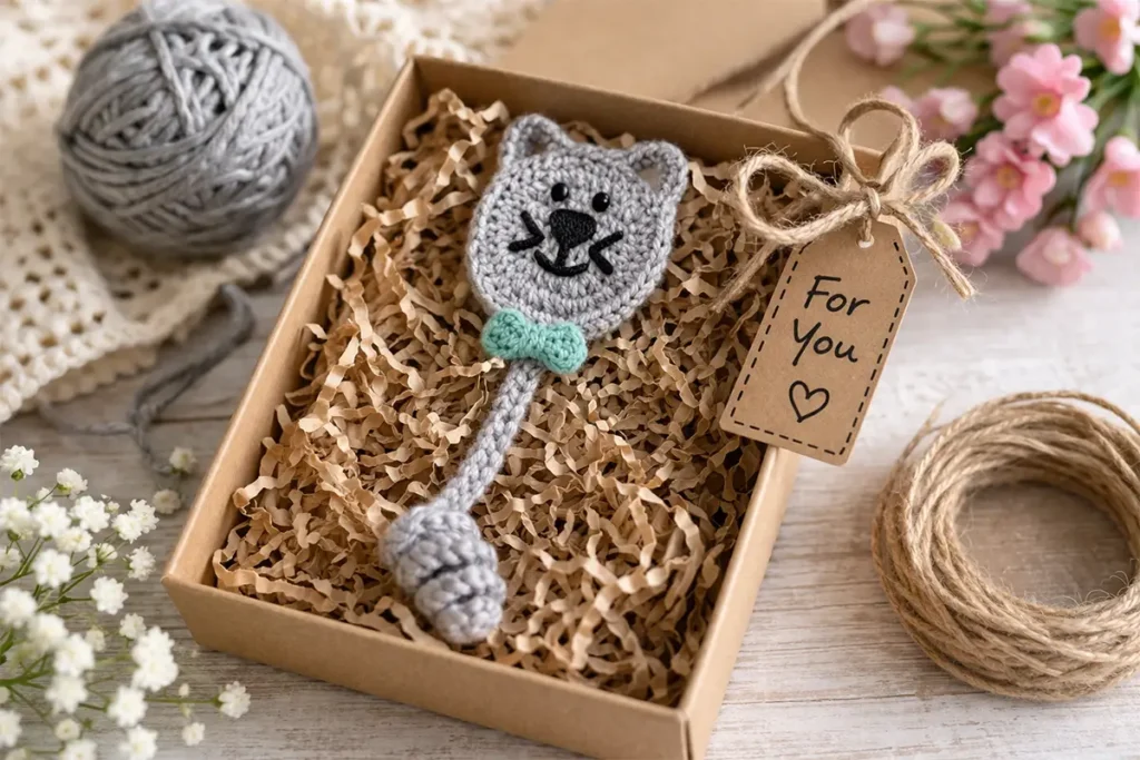 crochet cat bookmark handmade gift in a box with curly tail and bow, perfect DIY gift idea for book lovers