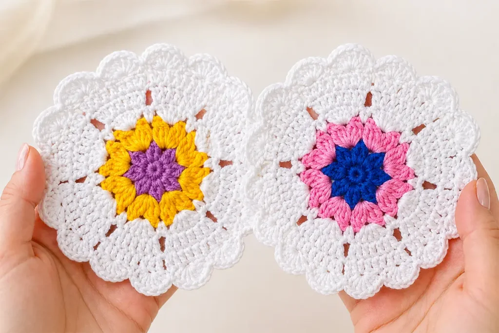 Two finished crochet heart coaster patterns in different color combinations, shown as beginner-friendly handmade crochet coaster ideas.