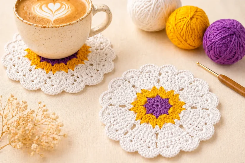 Handmade crochet heart coaster pattern displayed in a cozy coffee table setting