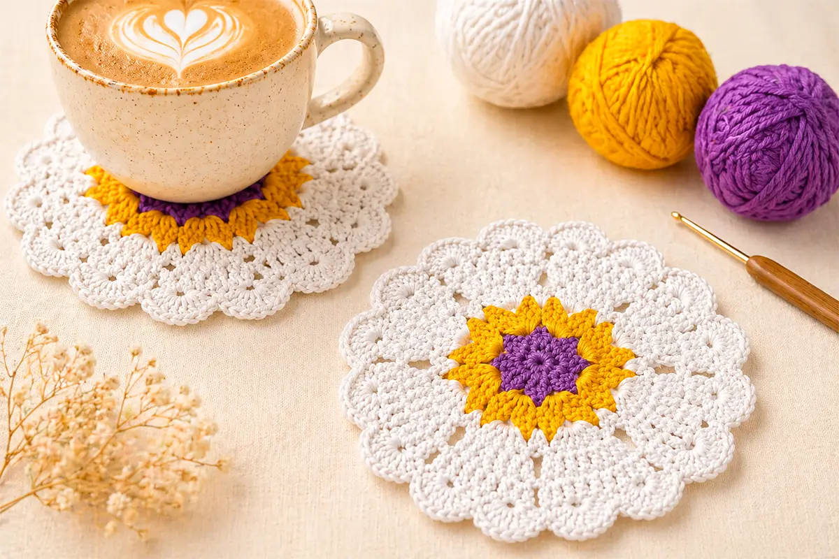 Handmade crochet heart coaster pattern displayed in a cozy coffee table setting