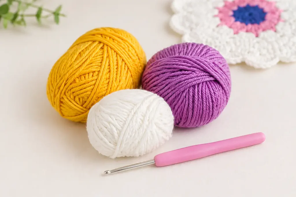 Materials for a crochet heart coaster pattern with white, yellow, and purple cotton yarn and a 2.5 mm crochet hook
