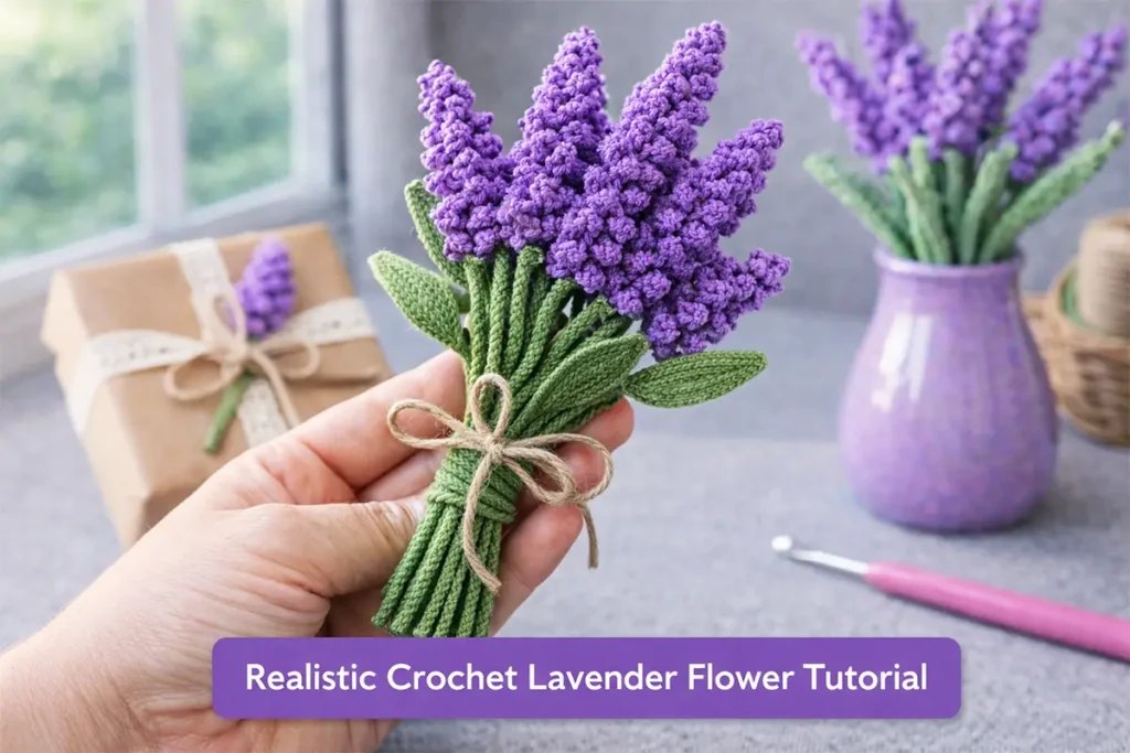 Close-up of a realistic crochet lavender bouquet in a vase for spring home decor