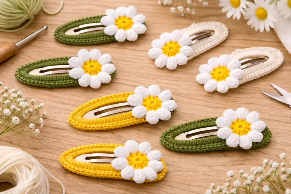 Crochet snap hair clip collection with daisy flowers in different colors displayed on wooden background