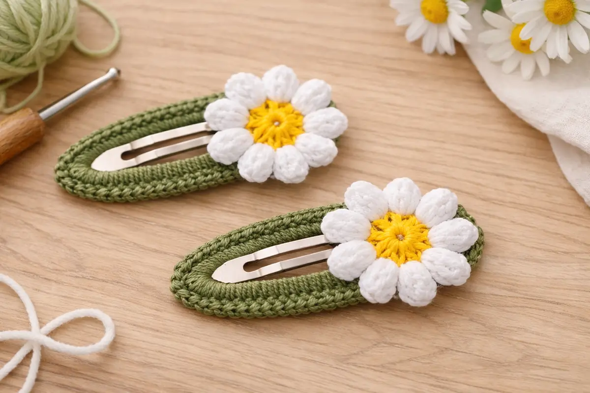 Crochet snap hair clip with daisy flower made using beginner-friendly pattern on neutral background