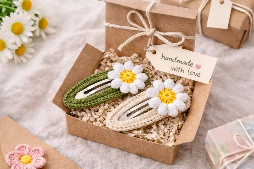 Crochet snap hair clip gift set with daisy flowers presented in a handmade box for DIY gift ideas