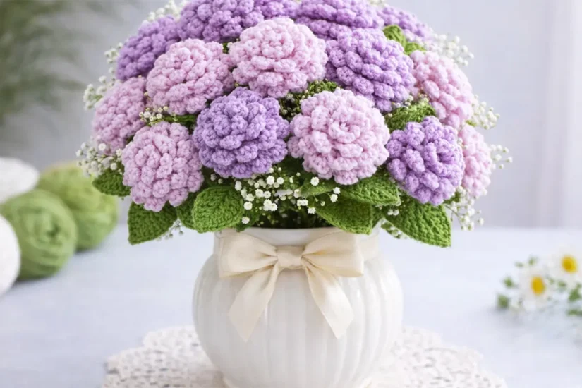 Easy crochet chrysanthemum flower in lilac color held in hand, perfect for home decor and handmade bouquet projects