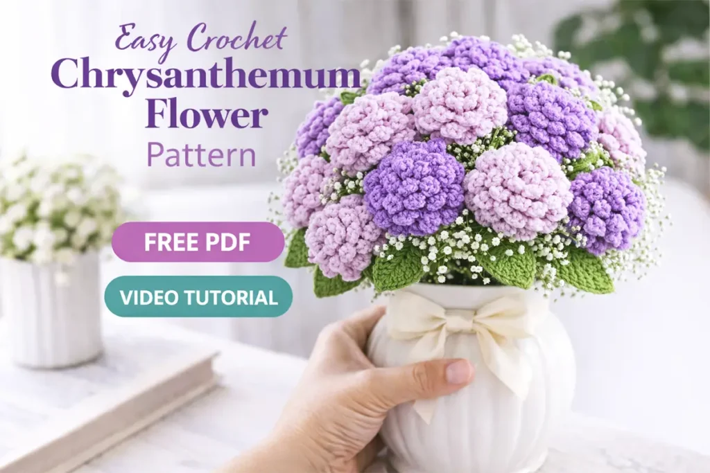 Easy crochet chrysanthemum flower bouquet in a vase for home decor, handmade lilac crochet flowers with green leaves