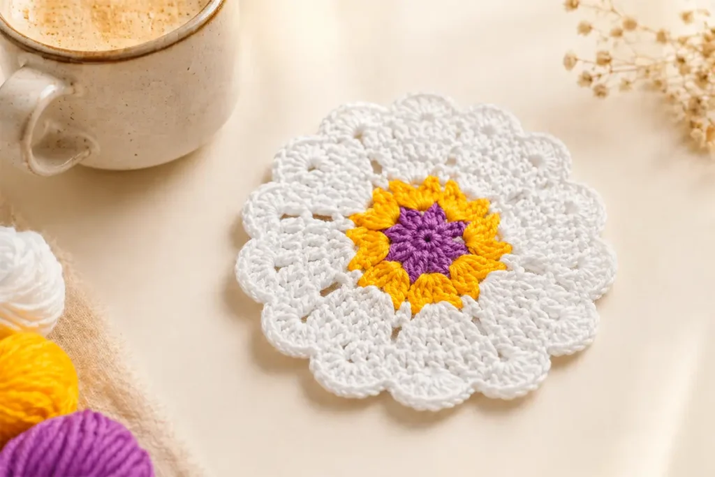 Crochet heart coaster pattern shown as a handmade white coaster with a purple and yellow center, displayed under a coffee cup on a wooden table