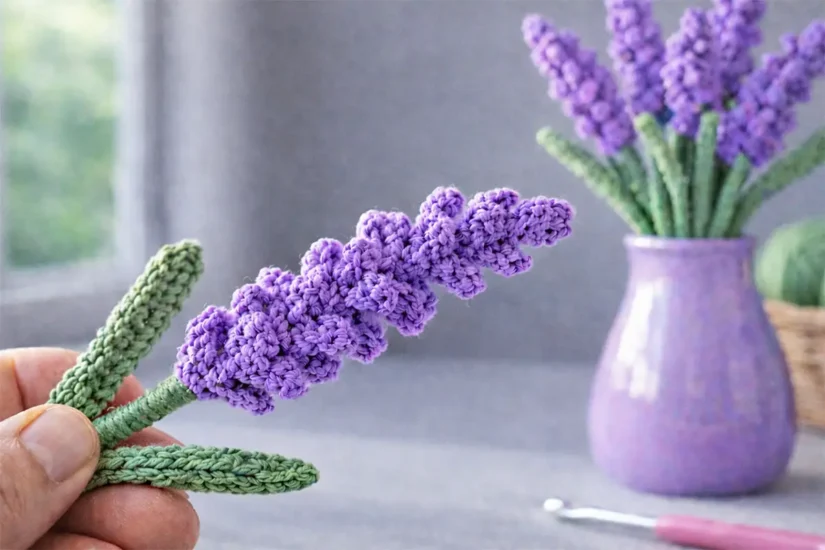 Easy crochet lavender flower held by hand with lavender bouquet in vase on soft blurred background
