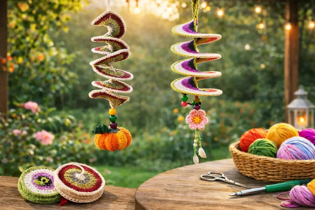Easy crochet wind spinner hanging in a garden with colorful yarn and hook on wooden table, beginner-friendly DIY crochet decor