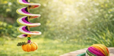 Easy crochet wind spinner with pumpkin motif hanging in a sunny garden, colorful spiral DIY crochet decoration for beginners