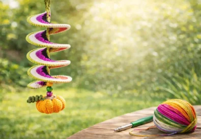 Easy crochet wind spinner with pumpkin motif hanging in a sunny garden, colorful spiral DIY crochet decoration for beginners