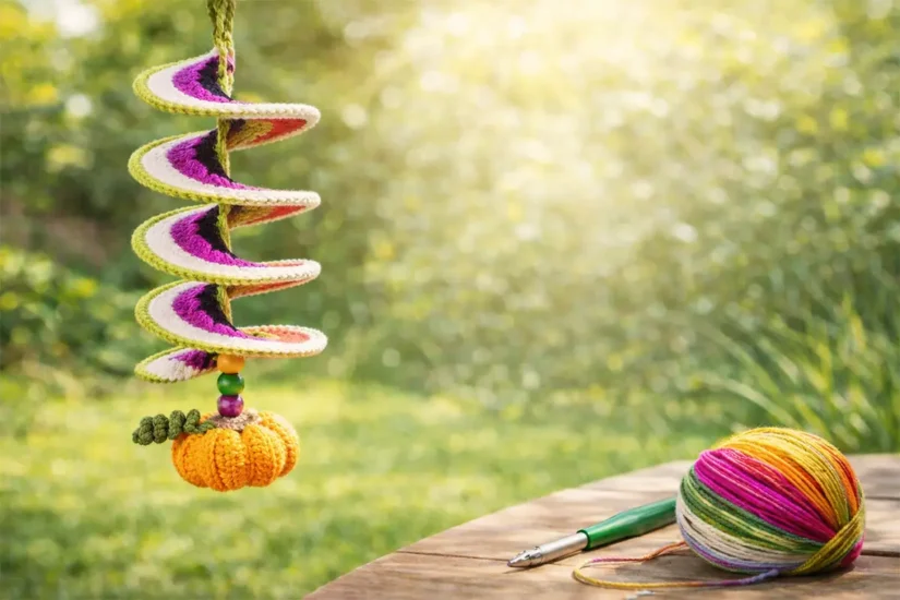 Easy crochet wind spinner with pumpkin motif hanging in a sunny garden, colorful spiral DIY crochet decoration for beginners
