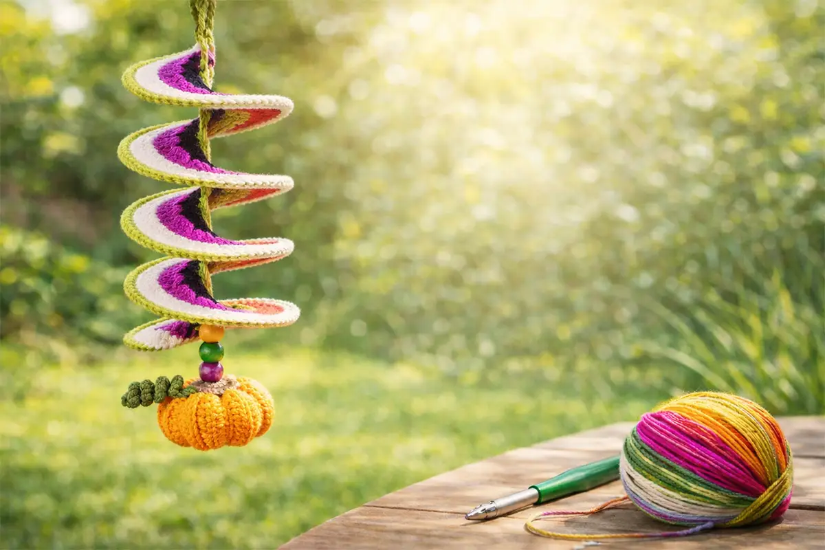 Easy crochet wind spinner with pumpkin motif hanging in a sunny garden, colorful spiral DIY crochet decoration for beginners