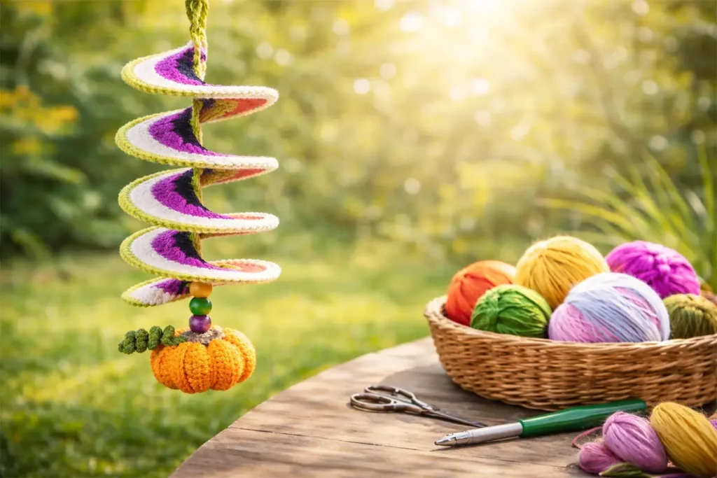 Easy crochet wind spinner hanging in a sunny garden with colorful yarn and crochet hook, beginner-friendly DIY decoration