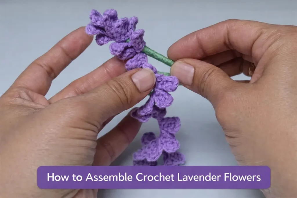 Hands assembling a realistic crochet lavender flower onto a green wrapped stem