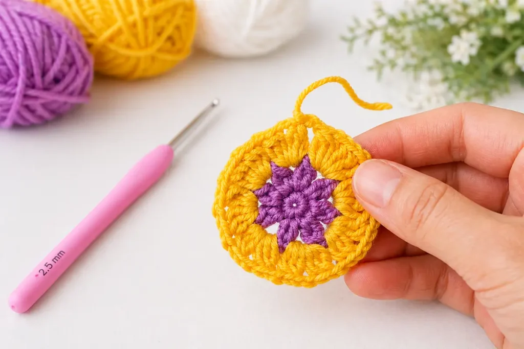 Close-up of a crochet heart coaster pattern in progress, showing the yellow and purple center rounds in a step-by-step beginner crochet tutorial.