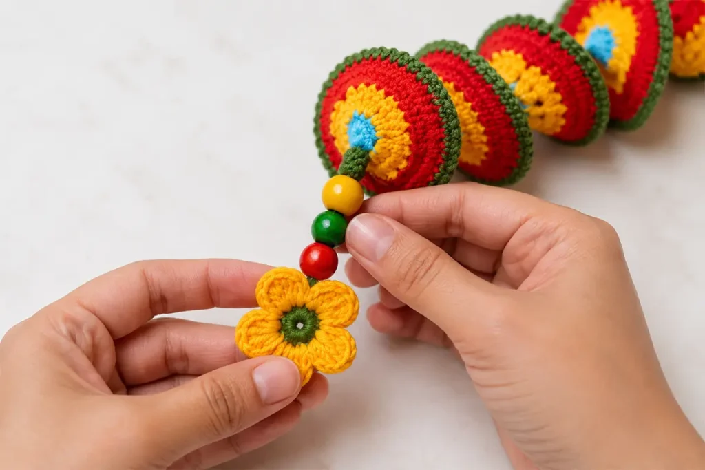 Hands adding colorful beads and a small yellow crochet flower to an easy crochet wind spinner decoration