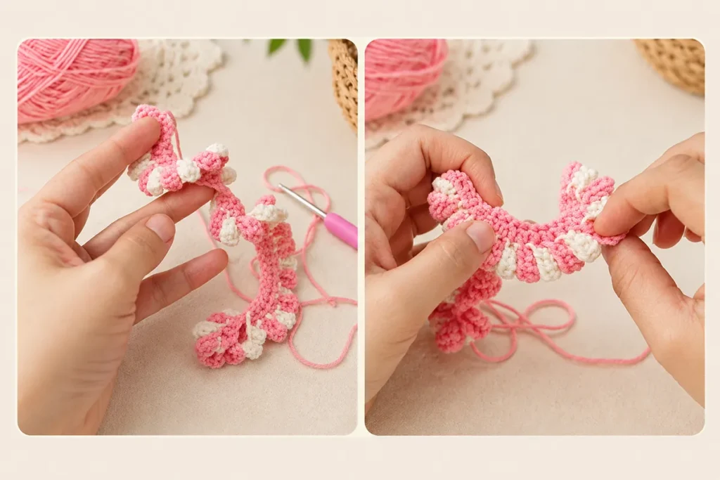 Two-tone crochet strip before shaping into a flower bouquet