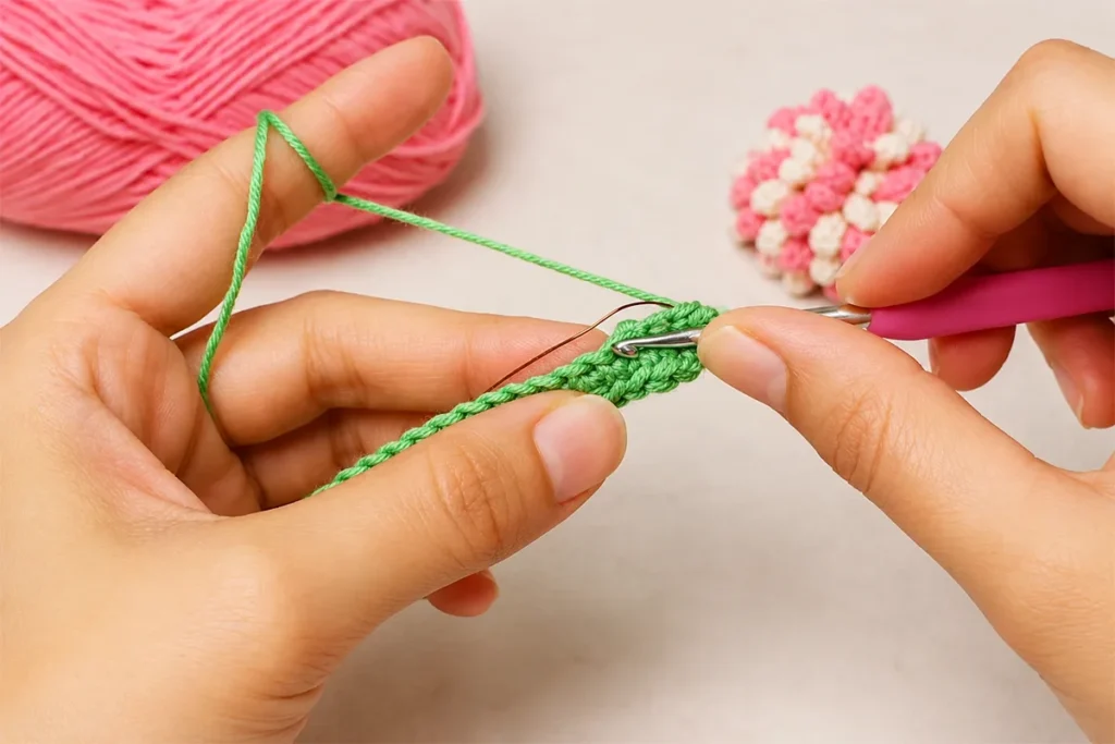 Crochet leaf with wire support tutorial showing how to crochet a green leaf around copper wire for a realistic crochet flower bouquet.